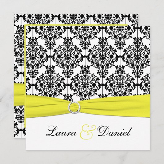 Zwart, Wit, Geel Damask Bruiloft Uitnodiging (Voorkant / Achterkant)