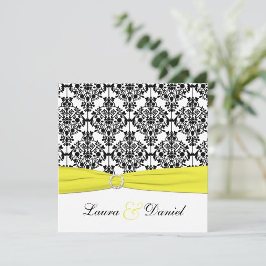 Zwart, Wit, Geel Damask Bruiloft Uitnodiging (Staand voorkant)