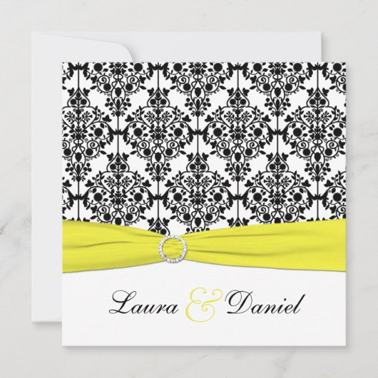 Zwart, Wit, Geel Damask Bruiloft Uitnodiging (Voorkant)