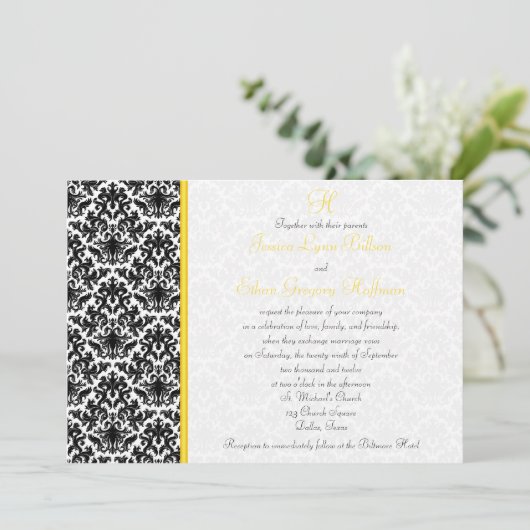 Zwart, Wit, Geel Damask Bruiloft Uitnodiging (Staand voorkant)