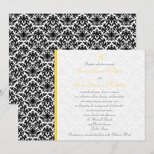 Zwart, Wit, Geel Damask Bruiloft Uitnodiging (Voorkant / Achterkant)
