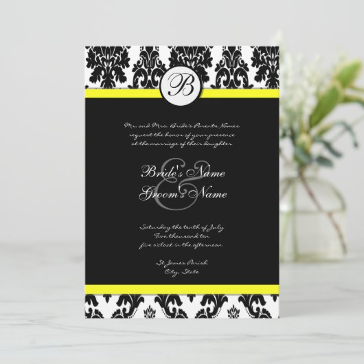 Zwart Wit Geel Damast bruiloft uitnodiging (Staand voorkant)
