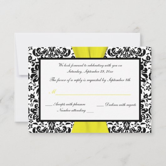 Zwart, Wit, Geel Damast GEDRUKT LINT RSVP (Achterkant)