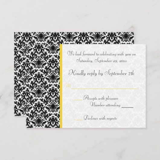 Zwart, Wit, Geel Damast RSVP Kaart (Voorkant / Achterkant)