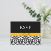 Zwart Wit Geel Damast RSVP Kaartje (Staand voorkant)