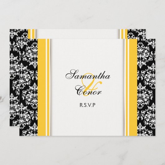 Zwart wit geel damast trouw engagement kaart (Voorkant / Achterkant)