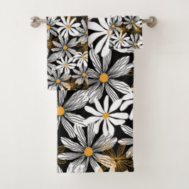 Zwart, wit, geel Elegant Daisy Bloemen Abstract Bad Handdoek