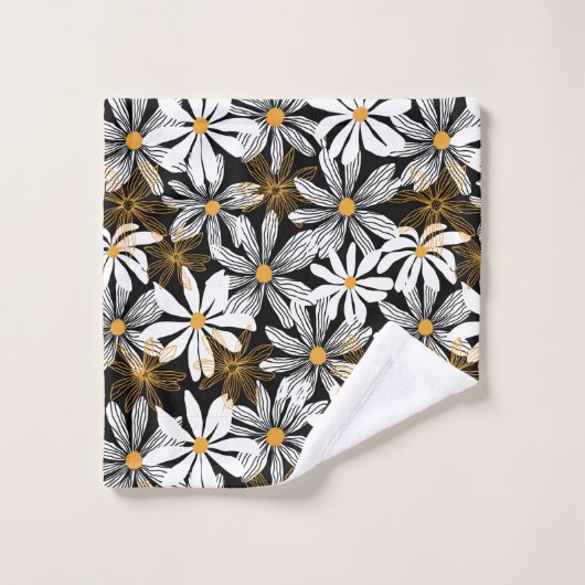 Zwart, wit, geel Elegant Daisy Bloemen Abstract Bad Handdoek (Wasdoekje)