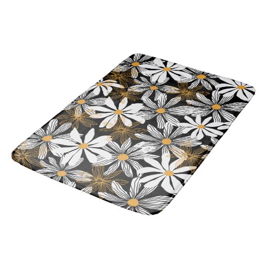 Zwart, wit, geel Elegant Daisy Bloemen Abstract Badmat (Gekanteld)