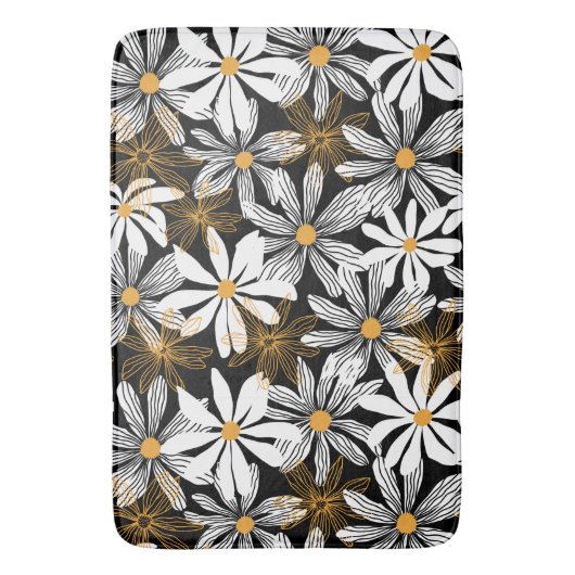 Zwart, wit, geel Elegant Daisy Bloemen Abstract Badmat (Voorkant Verticaal)