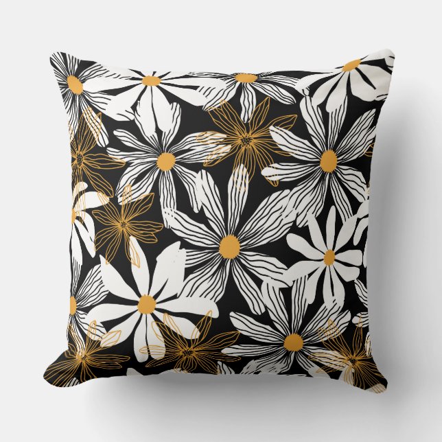 Zwart, wit, geel Elegant Daisy Bloemen Abstract Kussen (Voorkant)