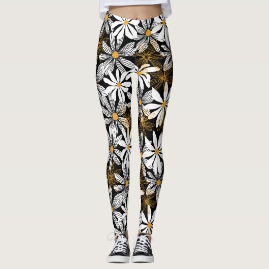 Zwart, wit, geel Elegant Daisy Bloemen Abstract Leggings (Voorkant)