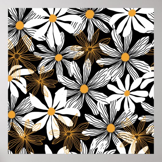 Zwart, wit, geel Elegant Daisy Bloemen Abstract Poster (Voorkant)