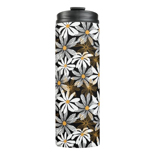 Zwart, wit, geel Elegant Daisy Bloemen Abstract Thermosbeker (Voorkant)