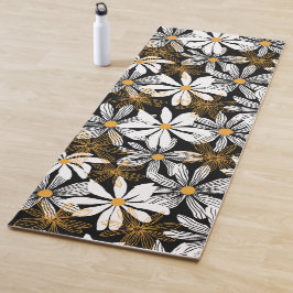 Zwart, wit, geel Elegant Daisy Bloemen Abstract Yogamat