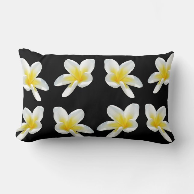 Zwart wit geel, Frangipanis Lumbar Cushion. Kussen (Voorkant)