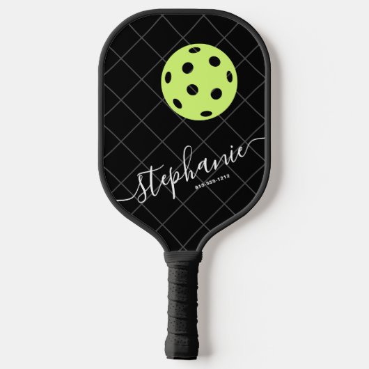 Zwart wit geel legant script gepersonaniseerd pickleball paddle (Achterkant)