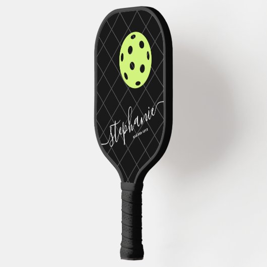 Zwart wit geel legant script gepersonaniseerd pickleball paddle (Links)
