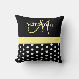 Zwart Wit Geel Monogram Script Polka Dots Kussen