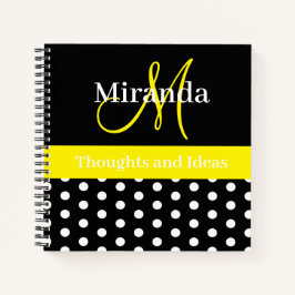 Zwart Wit Geel Monogram Script Polka Dots Notitieboek