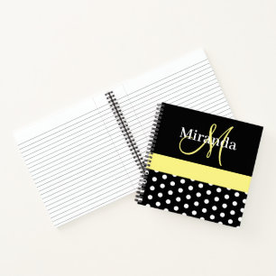 Zwart Wit Geel Monogram Script Polka Dots Notitieboek