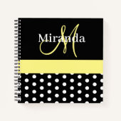 Zwart Wit Geel Monogram Script Polka Dots Notitieboek (Voorkant)