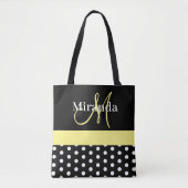 Zwart Wit Geel Monogram Script Polka Dots Tote Bag (Voorkant)