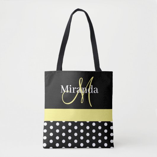 Zwart Wit Geel Monogram Script Polka Dots Tote Bag (Voorkant)
