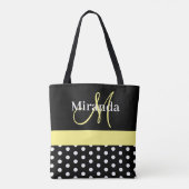 Zwart Wit Geel Monogram Script Polka Dots Tote Bag (Achterkant)