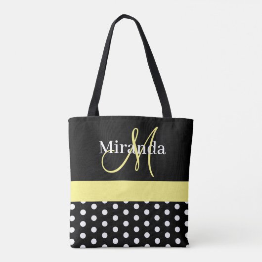 Zwart Wit Geel Monogram Script Polka Dots Tote Bag (Achterkant)