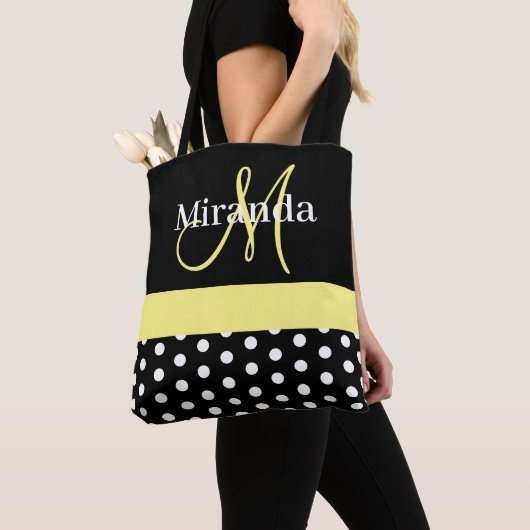 Zwart Wit Geel Monogram Script Polka Dots Tote Bag (Dichtbij)