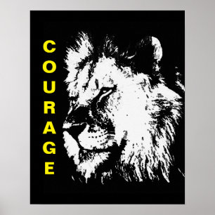 Zwart Wit Geel Pop Art Courage Lion Poster