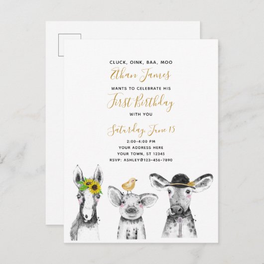 Zwart Wit Geel Script Boerderij 1e verjaardag Uitnodiging Briefkaart (Voorkant / Achterkant)