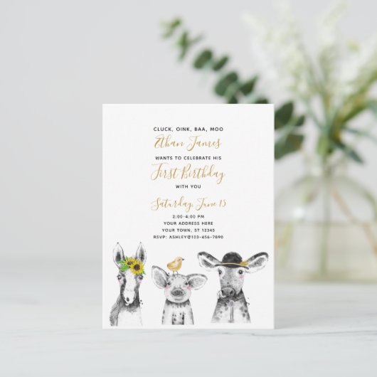 Zwart Wit Geel Script Boerderij 1e verjaardag Uitnodiging Briefkaart (Staand voorkant)