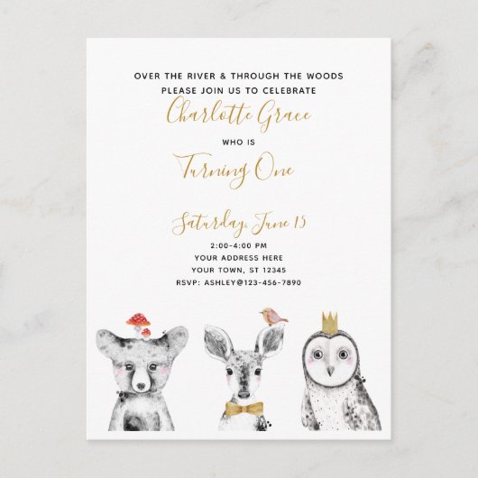 Zwart Wit Geel Script Woodland Verjaardagsfeest Uitnodiging Briefkaart (Voorkant)