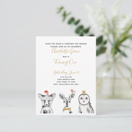 Zwart Wit Geel Script Woodland Verjaardagsfeest Uitnodiging Briefkaart (Staand voorkant)