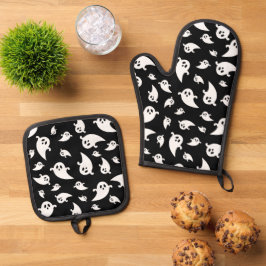 Zwart-wit geesten patroon Halloween Ovenwant & Pannenlap Set