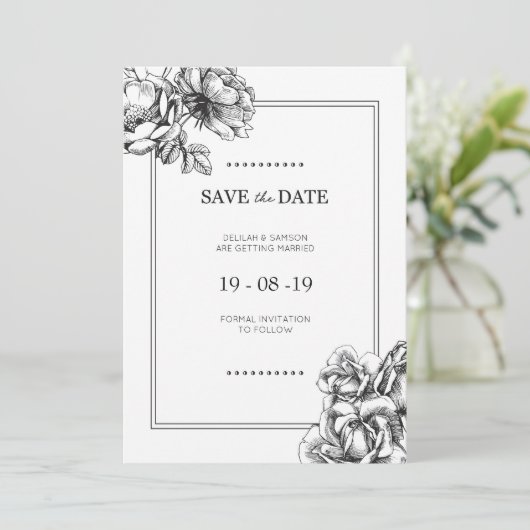 Zwart & Wit Geëtst Bloemmotief Trouw 'Save the Dat Kaart (Staand voorkant)