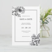 Zwart & Wit Geëtste Bloem Bruiloft Save the Dates Kaart (Staand voorkant)