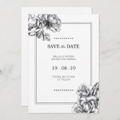 Zwart & Wit Geëtste Bloem Bruiloft Save the Dates Kaart (Voorkant / Achterkant)