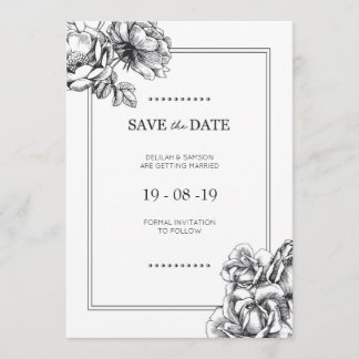 Zwart & Wit Geëtste Bloem Bruiloft Save the Dates Kaart