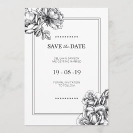 Zwart & Wit Geëtste Bloemen Bruiloft Save the Date Kaart