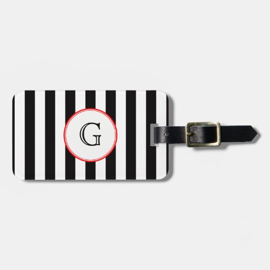 Zwart wit Gemiddeld Stripe Rood Monogram Etiket Bagagelabel (Voorkant horizontaal)