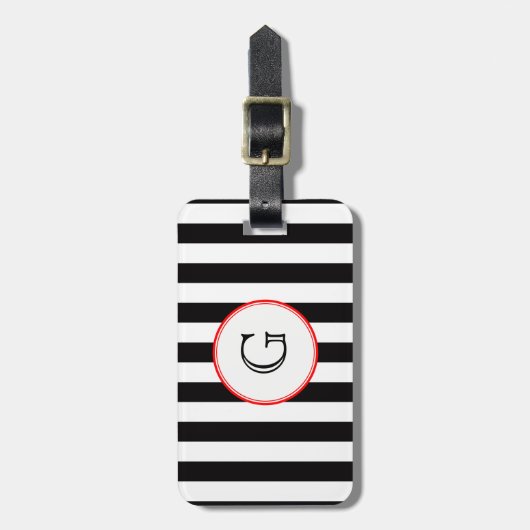 Zwart wit Gemiddeld Stripe Rood Monogram Etiket Bagagelabel (Voorkant verticaal)