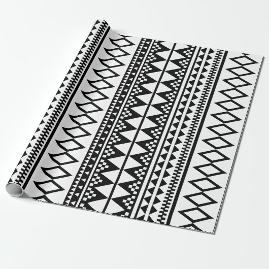 Zwart-wit Geometric Aztec Pattern Cadeaupapier (Uitgerold)