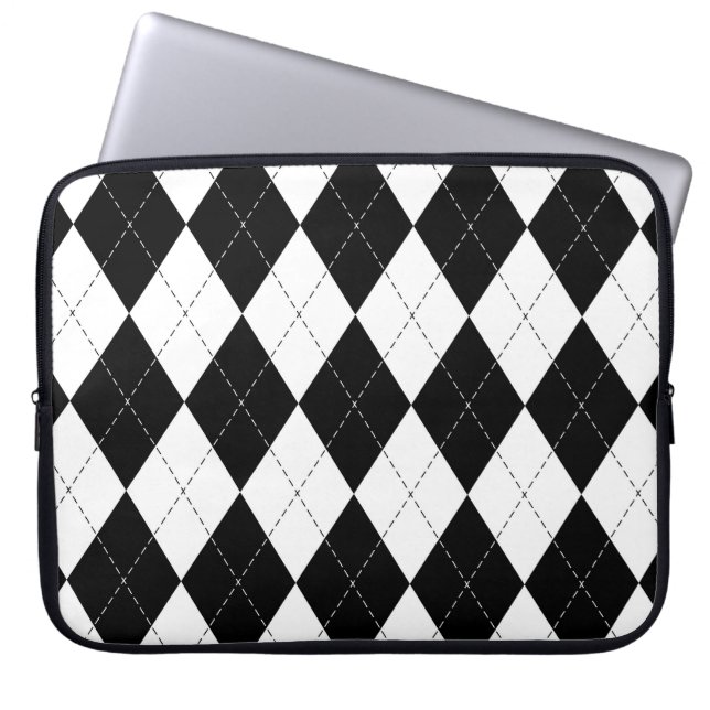 Zwart Wit Geometrisch Argyle Patroon Laptop Sleeve (Voorkant)