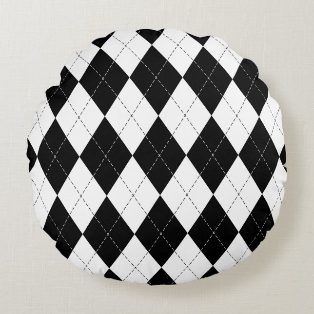 Zwart Wit Geometrisch Argyle Patroon Rond Kussen (Voorkant)