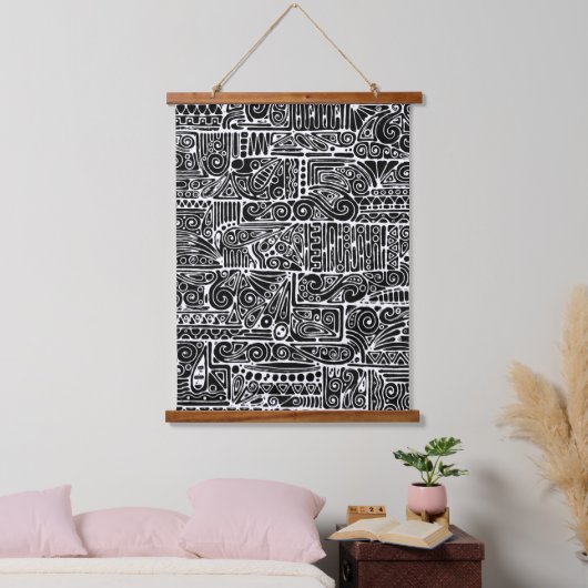 Zwart-wit geometrisch art 2 hangend wandkleed (Slaapkamer)