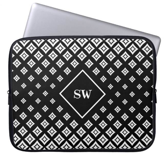 Zwart-wit geometrisch diamantpatroon laptop sleeve (Voorkant)