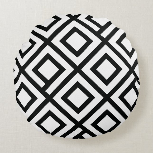 Zwart-wit geometrisch diamantpatroon rond kussen (Voorkant)